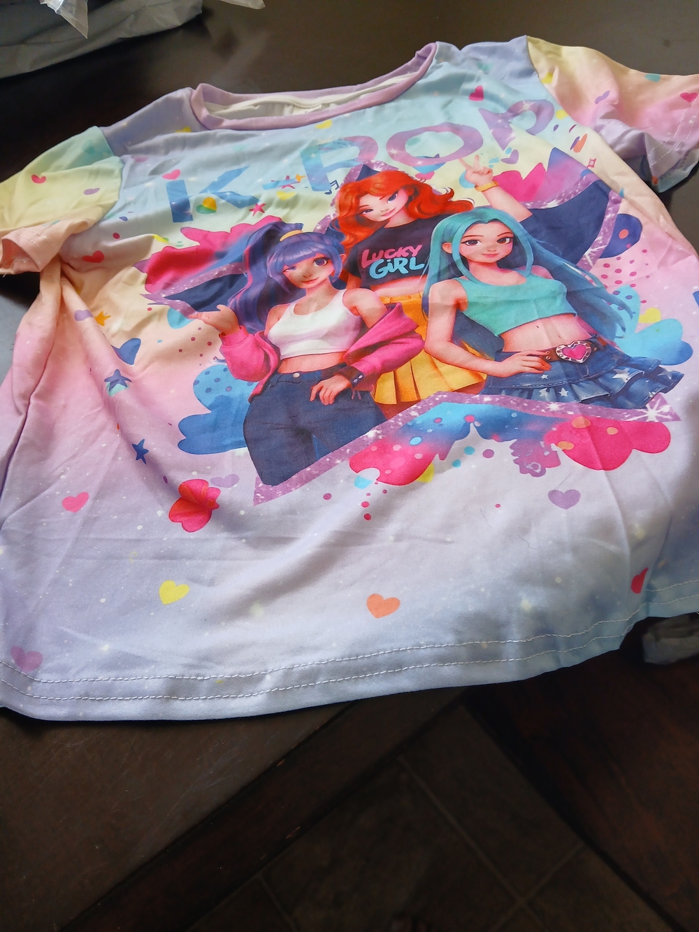 Girls' Pastel Rainbow Graphic Tee with Characters - Pink & Blue